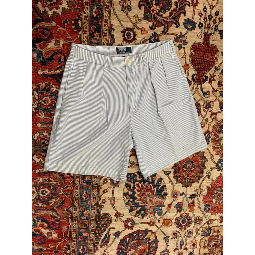 Polo Ralph Lauren Men’s Seersucker Pleated Shorts Size 34 Blue White Stripe Cott